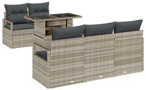 6 részes kerti kanapé szett párnákkal, világosszürke poli rattan, 2 személyes kerti kanapé tárolóval és párnákkal, szürke poli rattan