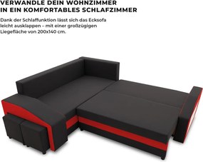 Grande sarokkanapé polcokkal és puffokkal , polc a jobb karfaban puffok a bal karfaban, baloldali, szövet anyag, bonell töltet, fekete - piros