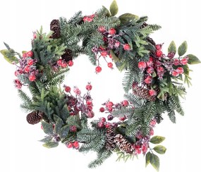 Gazdagon díszített koszorú fenyőből és piros gyümölcsökből nagy 50cm