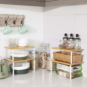 SONGMICS 4 db-os konyhai polcrendszerező szett, fém és fa, fehér/bézs