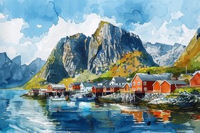 Vászonkép Canvas Norvégia Fjordok Hegyek Lofotok Házak Akvarell 60x40
