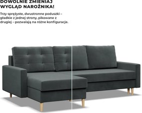 Etna sarokkanapé, 1 ágyneműtartóval, bársony, univerzális oldal, bonell töltet, szürke