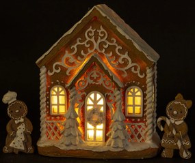 LED-es karácsonyi mécsestartó mézeskalács barna házikó fenyőfával havas tetővel mézeskalács figurákkal asztali dekoráció 23x19x12cm