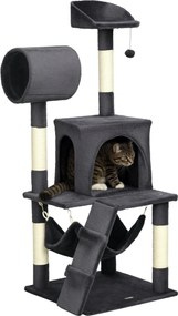 PawHut Forgácslapból Készült Macska Fa, Plüss és Zsineg Kaparóval, Macska Házzal, Hintaággyal, Ággyal, Túnellel és Játékgolyóval, 48x48x125cm, Sötétsz