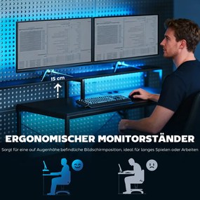 HOMCOM Gamer asztal LED-del és konnektorokkal, dupla monitoros állvánnyal, fekete