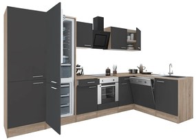 Yorki 340 sarok konyhabútor sonoma tölgy korpusz,selyemfényű antracit front alsó sütős elemmel polcos szekrénnyel, alulfagyasztós hűtős szekrénnyel