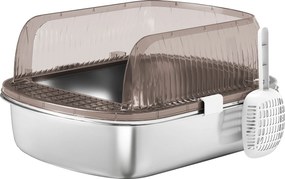 PawHut Extra Nagy Fedeles Macskaürülék Tálca Rozsdamentes Acél Kivitelű Magas Oldalakkal, Kéményes és Szagmentes Homokesési Területtel, Könnyű Tisztít