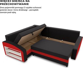 Grande sarokkanapé polcokkal , polc a bal karfaban, baloldali, szövet anyag, bonell töltet, fekete - piros
