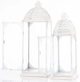 Vintage fehér szögletes 2db-os áttört fém lámpás lantern szett fogantyúval 50x17x17 / 62x22x22cm