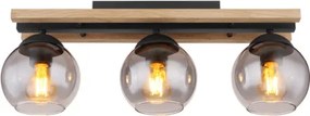 Globo 15569-3DW Mennyezeti lámpa könnyű fém fekete matt, fa sötétbarna, üveg füstszínű, HxSzxM: 600x150x205mm, 3x E27 25W 230V izzók nélkül