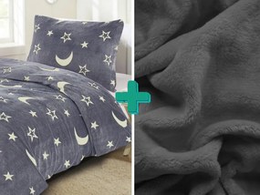 BIG MOON szürke világító BIG MOON mikroplüss ágynemű + SOFT sötétszürke mikroplüss lepedő 90x200 cm