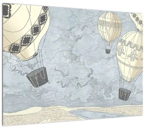 Kép - léggömbök a város felett, hűvös tónusok (70x50 cm)