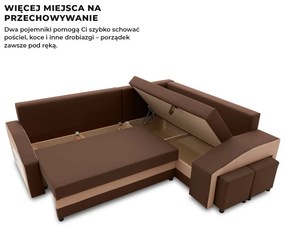 Grande sarokkanapé polcokkal és puffokkal , polc a bal karfaban puffok a jobb karfaban, jobboldali, szövet anyag, bonell töltet, barna