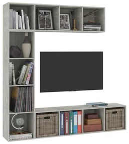 3-részes betonszürke könyv-/TV-szekrényszett 180 x 30 x 180 cm