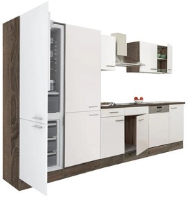 Yorki 340 konyhablokk yorki tölgy korpusz,selyemfényű fehér fronttal polcos szekrénnyel és alulfagyasztós hűtős szekrénnyel