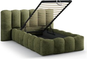 Zöld kárpitozott ágyneműtartós egyszemélyes ágy ágyráccsal 90x200 cm Lupine – Micadoni