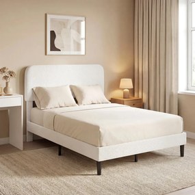 HOMCOM Ágy 140x200 cm Ágykeret állítható kárpitozott teddy fleece fejtámlával, fehér