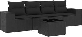 vidaXL 5 részes fekete polyrattan kerti kanapészett párnákkal