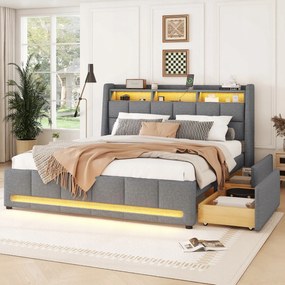 Kárpitozott ágy, 140 x 200 cm Franciaágy Fiókok Usb aljzatok Szürke