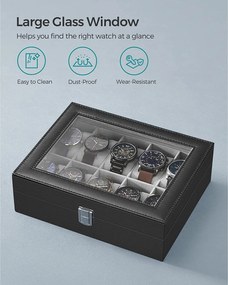 Óradoboz 10 órának, műbőr óratok üvegtetővel,fekete