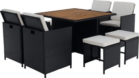 Kerti rattan szett, akácfa, fekete/krémszínű/természetes, MELFORD