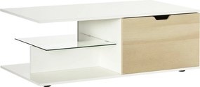 HOMCOM Kortárs Formatervezésű Téglalap Alakú Kávézóasztal 2 Fiókkal, 2 Polccal, Edzett Üvegpolccal, Fehér Tölgy Hatású Panelek 106 x 58 x 39 cm | Aoso