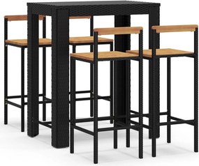 vidaXL 5 részes fekete polirattan és tömör akácfa kerti bárszett