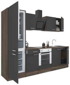 Yorki 270 konyhabútor yorki tölgy korpusz,selyemfényű antracit front alsó sütős elemmel alulfagyasztós hűtős szekrénnyel