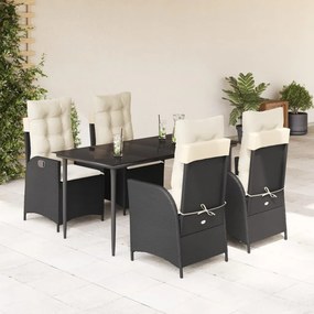 5 részes fekete polyrattan kerti étkezőgarnitúra párnákkal
