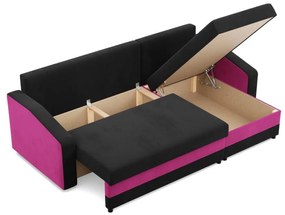 Hewlet sarokkanapé, 2 ágyneműtartóval, szövet anyag, univerzális oldal, hab töltet, fekete - rózsaszín