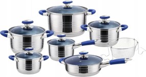 Rozsdamentes acél edénykészlet, 13 darabos, kék fogantyúkkal