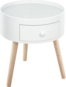 HOMCOM Éjjeli Széktálca 1 Fiókkal, Kerek Oldalsó Asztal Emelt Széllel és 3 Fából Készült Lábbal - Modern Stílus Ø38x45 cm Fehér | Aosom