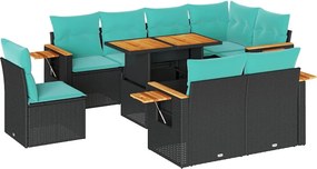 vidaXL 9 részes fekete polyrattan akácfa kerti ülőgarnitúra párnákkal