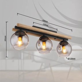 Globo 15569-3DW Mennyezeti lámpa könnyű fém fekete matt, fa sötétbarna, üveg füstszínű, HxSzxM: 600x150x205mm, 3x E27 25W 230V izzók nélkül