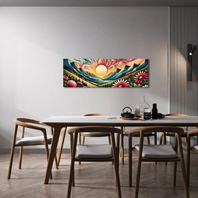 Kép napfényes táj virágokkal és hegyekkel