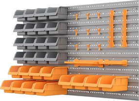 DURHAND 44 Részes Fali Szerszámtároló 95x54 cm Fali Polc Szerszámokkal, 28 Rakható Dobozzal és Különböző Akasztókkal Szürke és Narancssárga | Aosom