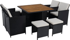 Kerti rattan szett, akácfa, fekete/krémszínű/természetes, MELFORD