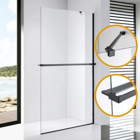 Stuxi Milano Easy Plus Black Walk-in zuhanyfal, 80x200 cm, 8 mm vastag vízlepergető üveggel, helytakarékos stabilizátorral, polccal, törölközőtartóval