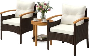 Outsunny 3 részes rattan bisztró szett – FSC kertibútor, 2 karfás fotel, 2 szintes akácfa asztal, vastag mosható párnák, krémfehér | Aosom