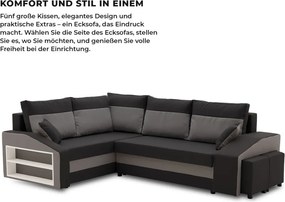 Grande sarokkanapé polcokkal és puffokkal , polc a bal karfaban puffok a jobb karfaban, baloldali, szövet anyag, hab töltet, fekete - szürke