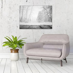 Üveg kép - Fából készült móló télen (70x50 cm)