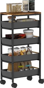 HOMCOM 5-Szintes Konyhai Tároló Kocsi Kerekekkel Fából Hatású Lappal és 4 Kivehető Fiókkal Konyhakocsi Nappaliba, Étkezőbe 39.5x24x82 cm Fekete | Aoso