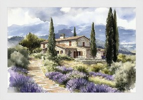 Poszter Keret Fa Olaszország Toszkána Levendula Ciprus Kőház 60x40