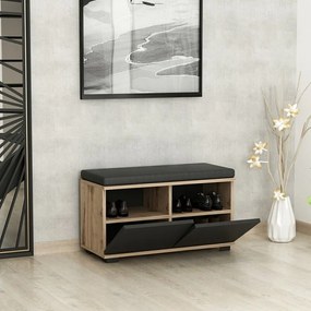 Fekete-natúr színű ülőkés cipőtartó diófa dekorral Drago – Kalune Design