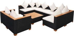 vidaXL 9-részes fekete polyrattan kerti bútorszett párnákkal