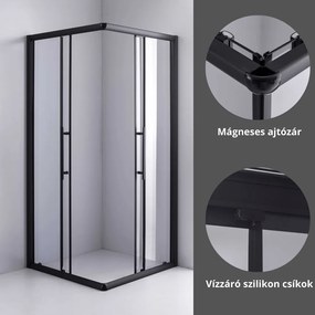 Stuxi Nizza Black 90x90 cm szögletes két tolóajtós zuhanykabin 6 mm vízlepergető biztonsági üveggel, fekete elemekkel, 190 cm magas