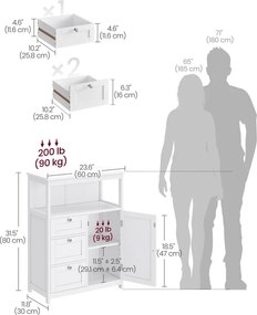 Fehér fürdőszobai szekrény állítható polcokkal, 3 fiókkal