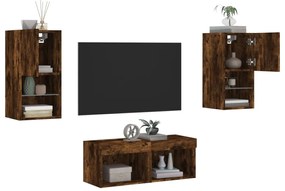 4 darab füstös tölgy színű falra szerelhető TV-szekrény LED-del