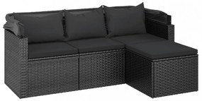 3-személyes fekete polyrattan kanapé tetővel és lábtartóval