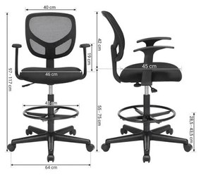 Ergonomikus irodai szék kartámaszokkal, forgó szék 55-75 cm ülésmagasság, Fekete